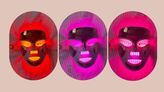 Three shots of the Dr Dennis Gross DRx Spectralite Faceware Pro – from left to right, one on the red light setting, then the blue, then a combination of both