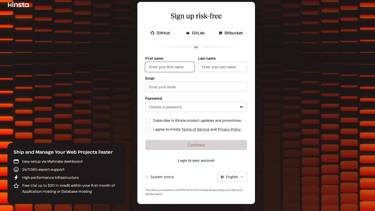 Kinsta's sign up page