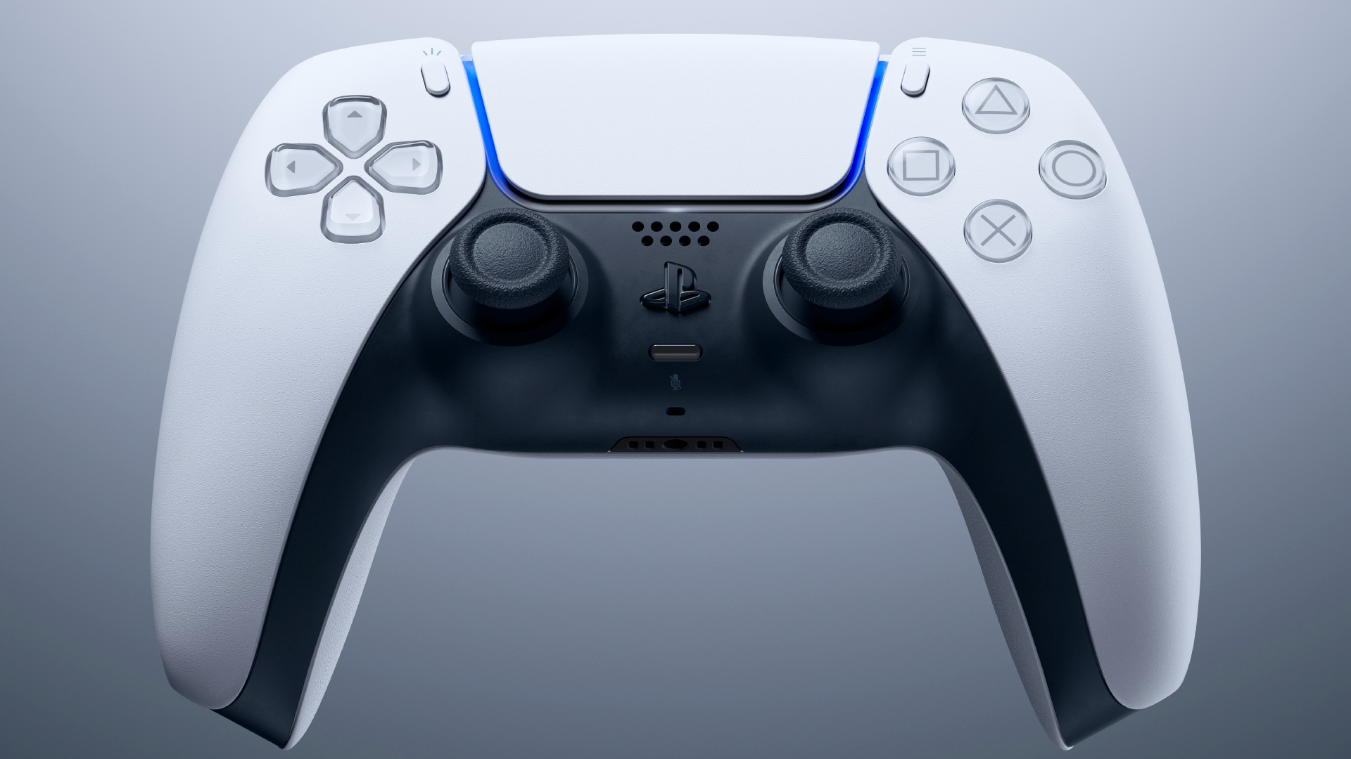 A PlayStation 5 DualSense controller in white on a a dim white background