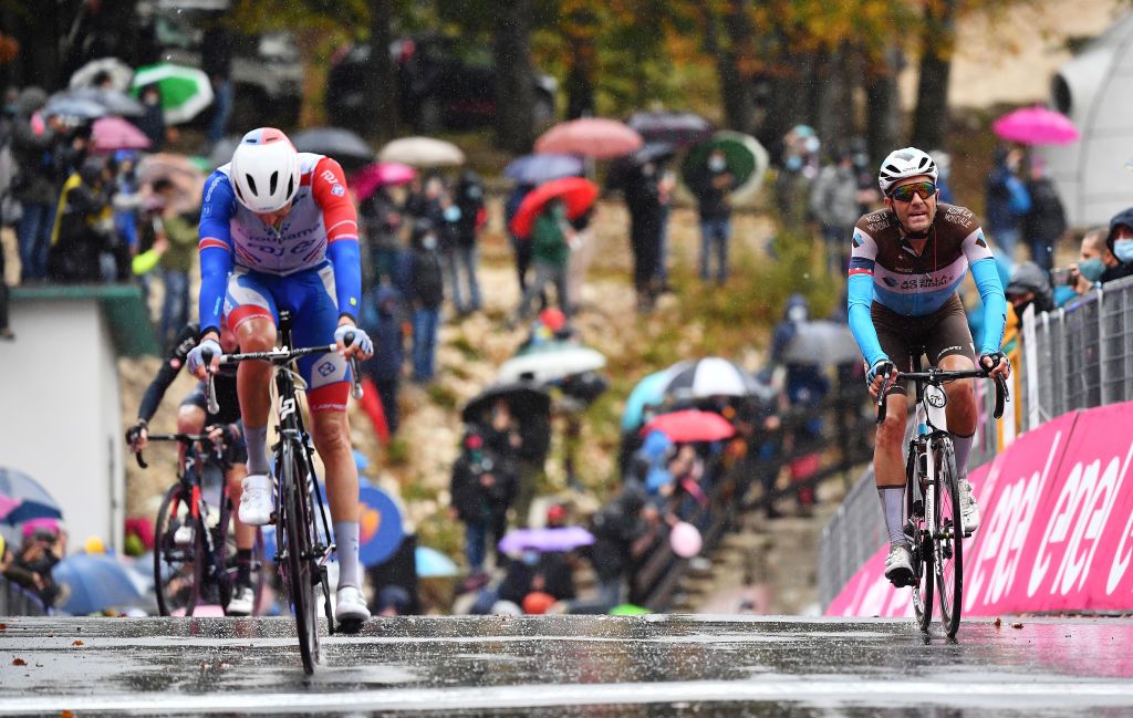 ROCCARASO ITALY OCTOBER 11 Arrival Kilian Frankiny of Switzerland and Team Groupama FDJ Larry Warbasse of The United States and Team Ag2R La Mondiale during the 103rd Giro dItalia 2020 Stage 9 a 207km stage from San Salvo to Roccaraso Aremogna 1658m girodiitalia Giro on October 11 2020 in Roccaraso Italy Photo by Stuart FranklinGetty Images