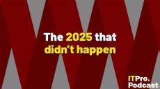 The text "The 2025 that didn't happen" against a graphic showing layered red threads, against a grey background. The words "2025" and "didn't happen" are in yellow, the rest are in white. In the bottom-right corner, the ITPro Podcast logo is shown.
