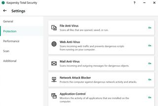 The Protection Settings screen in Kaspersky's 2021 Windows antivirus programs.