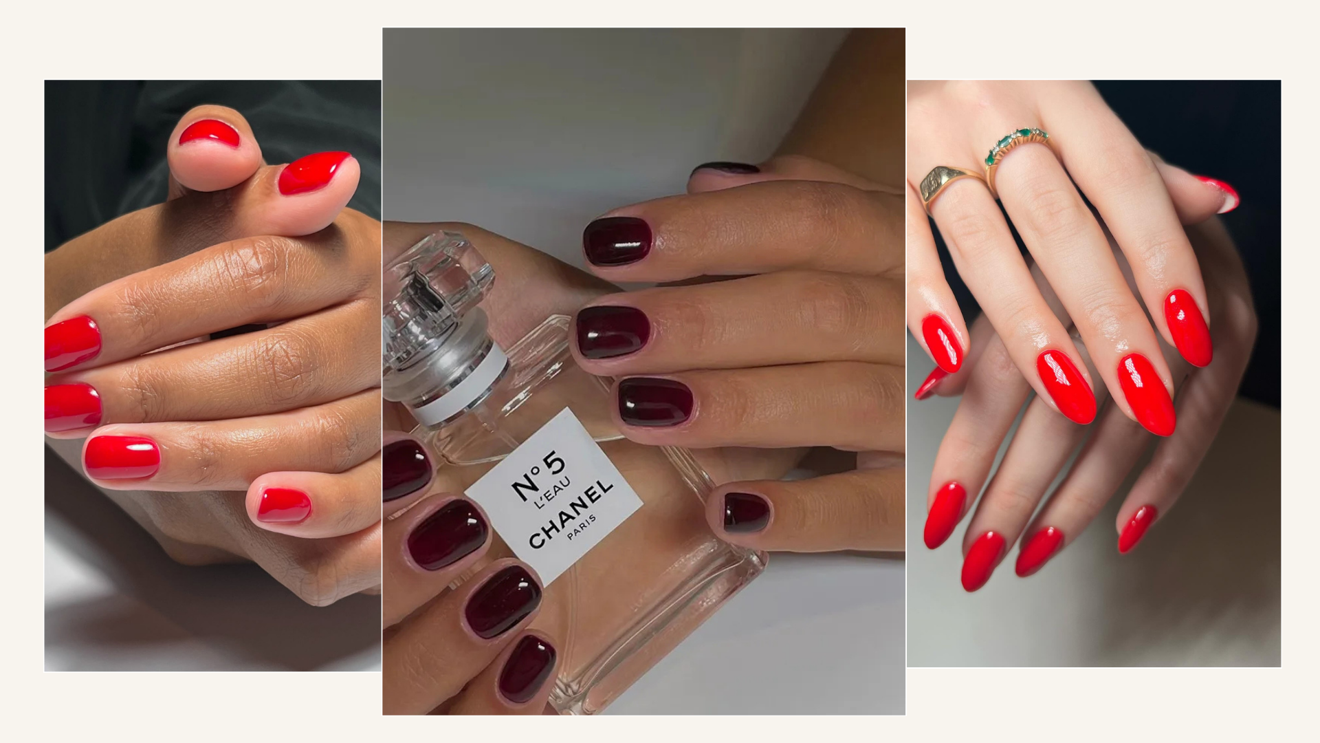 A collage of red manicures