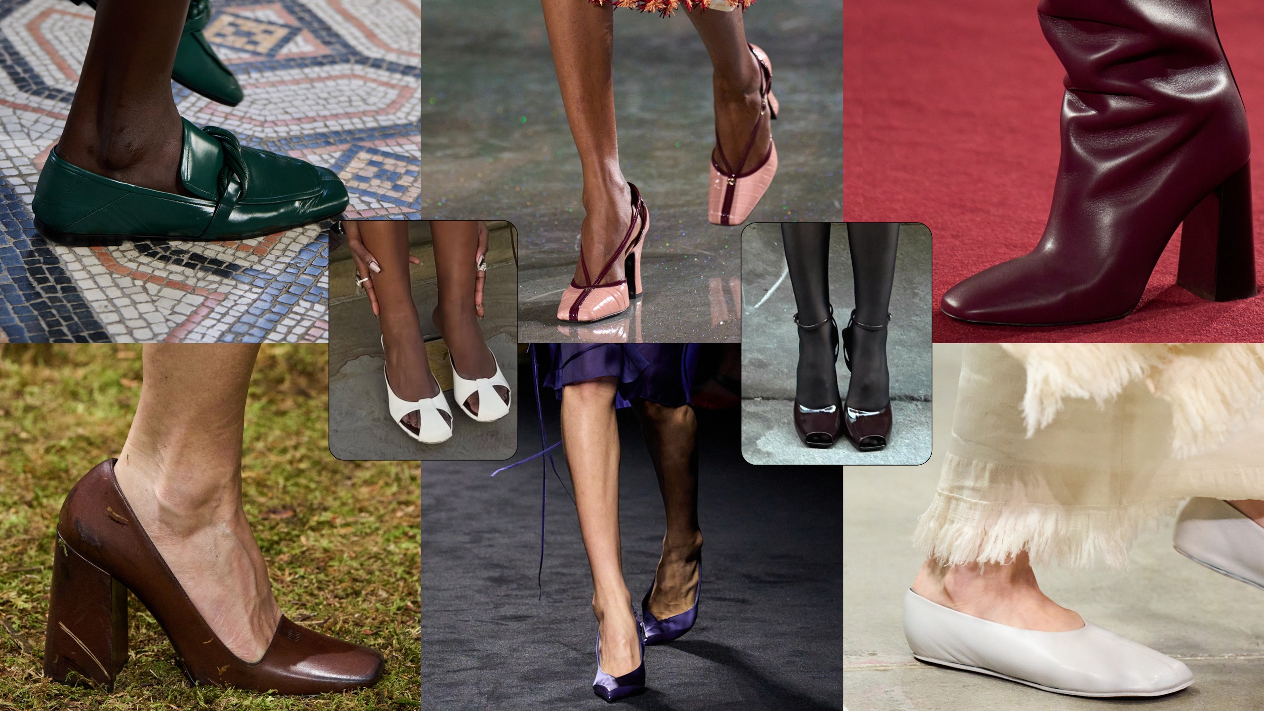 shoe color trends for fall 2026 are shown in a collage of runway images depicting colorful footwear