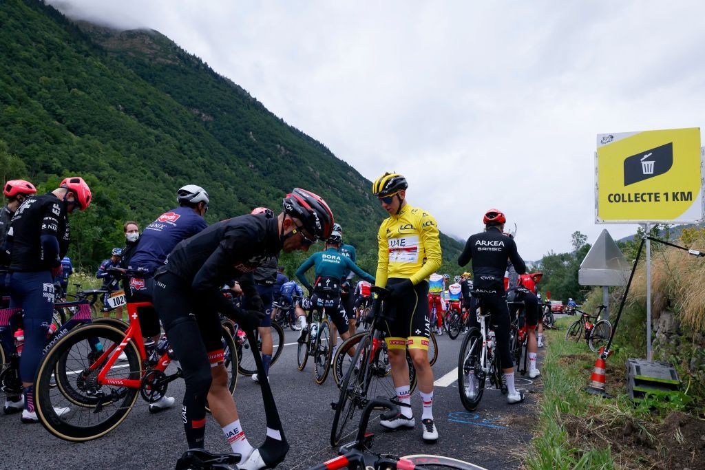 Riders change their clothes prior to the real start of 16th stage of the 108th edition of the Tour de France cycling race 169 km between Pas De La Case and SaintGaudens on July 13 2021 Photo by Thomas SAMSON AFP Photo by THOMAS SAMSONAFP via Getty Images