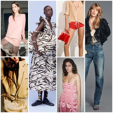 isabel marant funnel neck jacket, valentino pink dress, ganni zebra dress, khaite pink dress, staud red shorts, chloe black jacket and jeans 