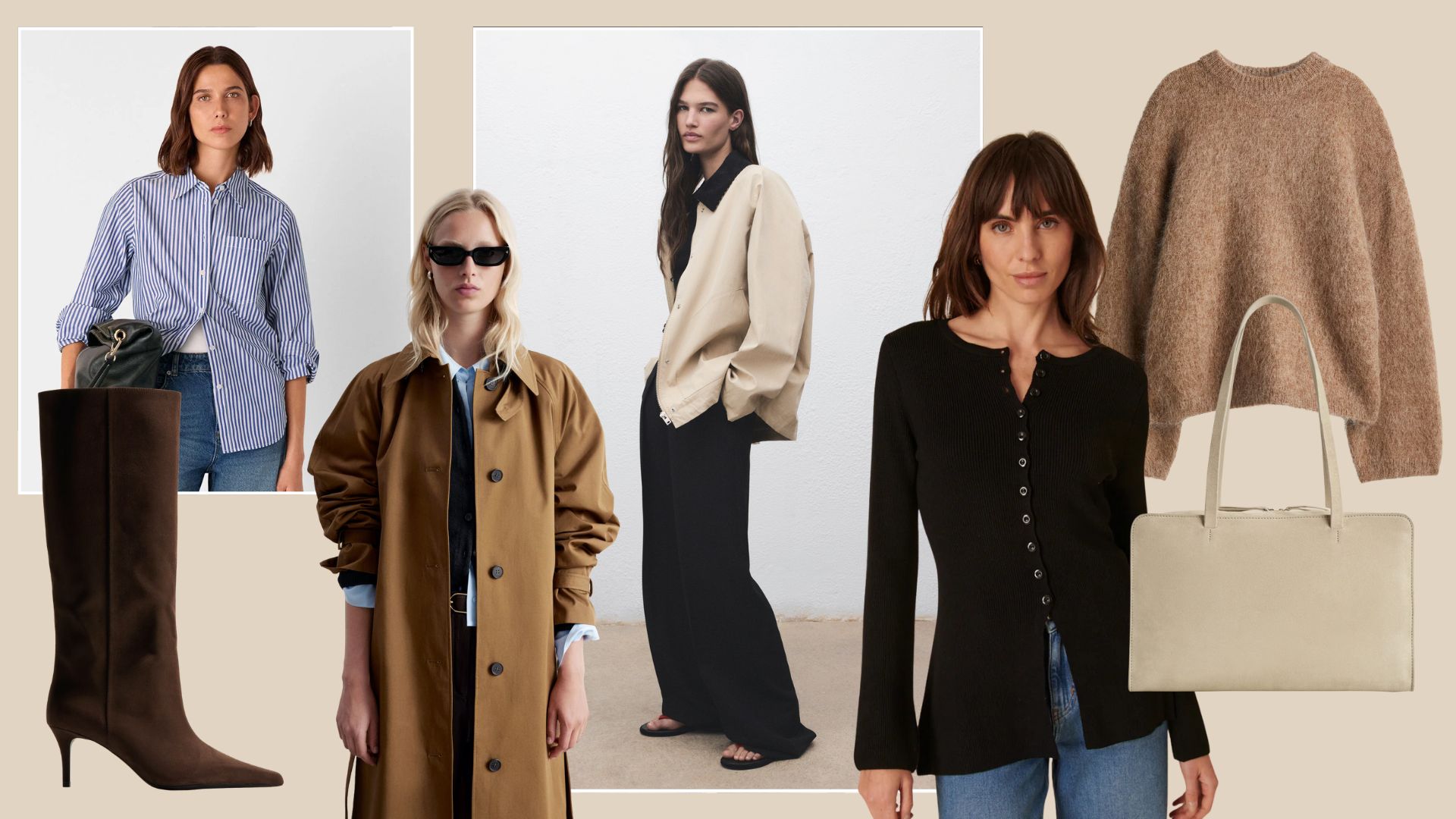 Woman wears blue stripe shirt; brown suede boots; woman wears trench coat; woman wears canvas jacket and tailored trousers; woman wears knit black cardigan; brown jumper; cream suede bag