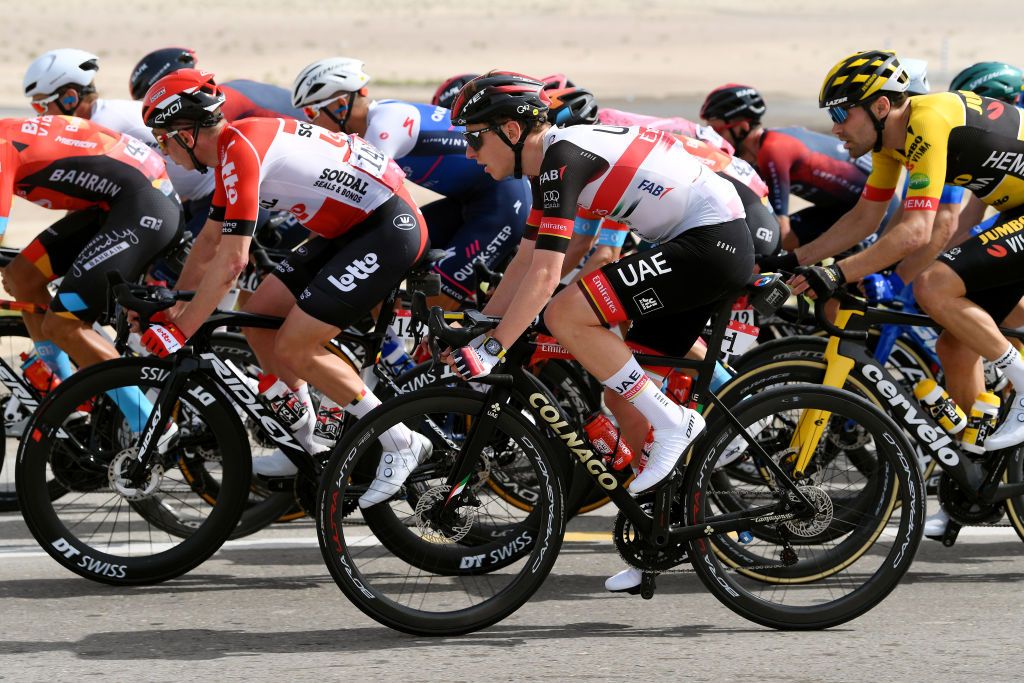 ABU DHABI UNITED ARAB EMIRATES FEBRUARY 21 Tadej Pogacar of Slovenia and UAE Team Emirates competes during the 4th UAE Tour 2022 Stage 2 a 176km stage from Hudayriyat Island to Abu Dhabi Breakwater UAETour WorldTour on February 21 2022 in Abu Dhabi United Arab Emirates Photo by Tim de WaeleGetty Images
