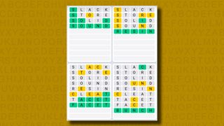 Quordle Daily Sequence answers for game 1079 on a yellow background