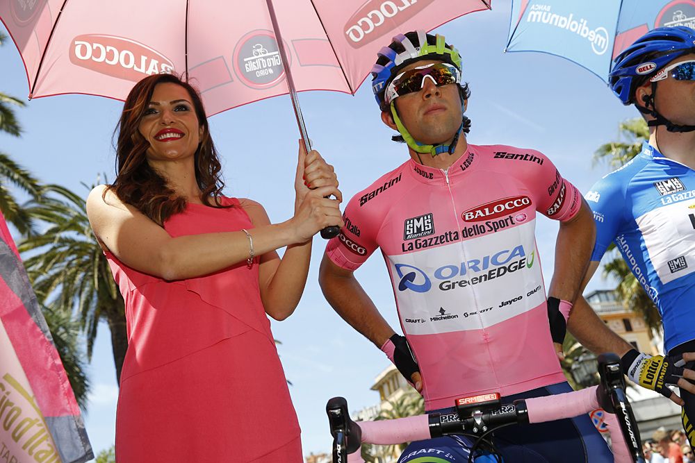 Overall race leader at the Giro d'Italia Michael Matthews (Orica-GreenEdge) ahead of stage 3