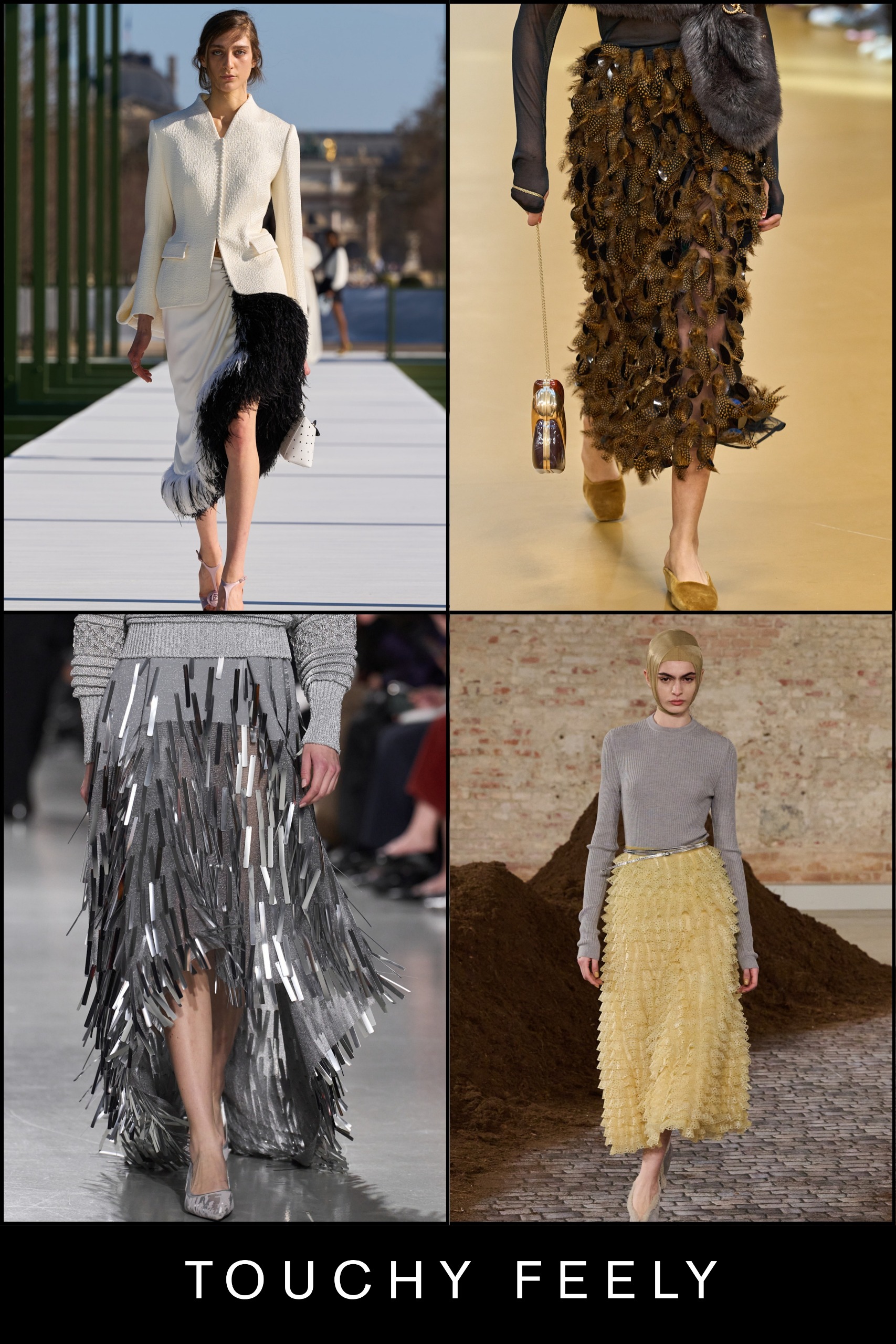 anti-trouser trends: collage of tactile skirts on the Dior, Zimmermann, CFCL, Moschino