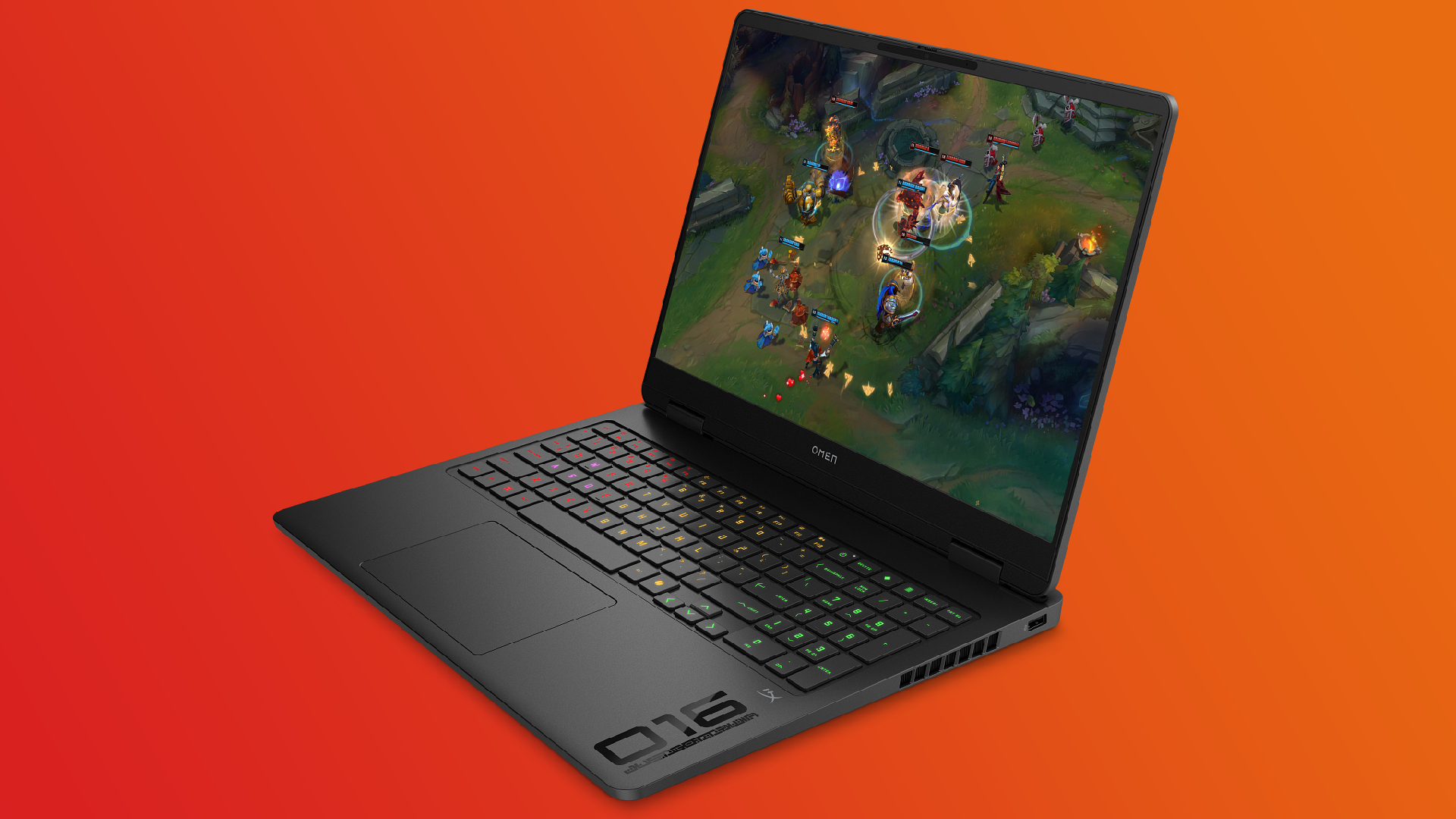 An HP Omen 16 gaming laptop on an orange and red gradient background