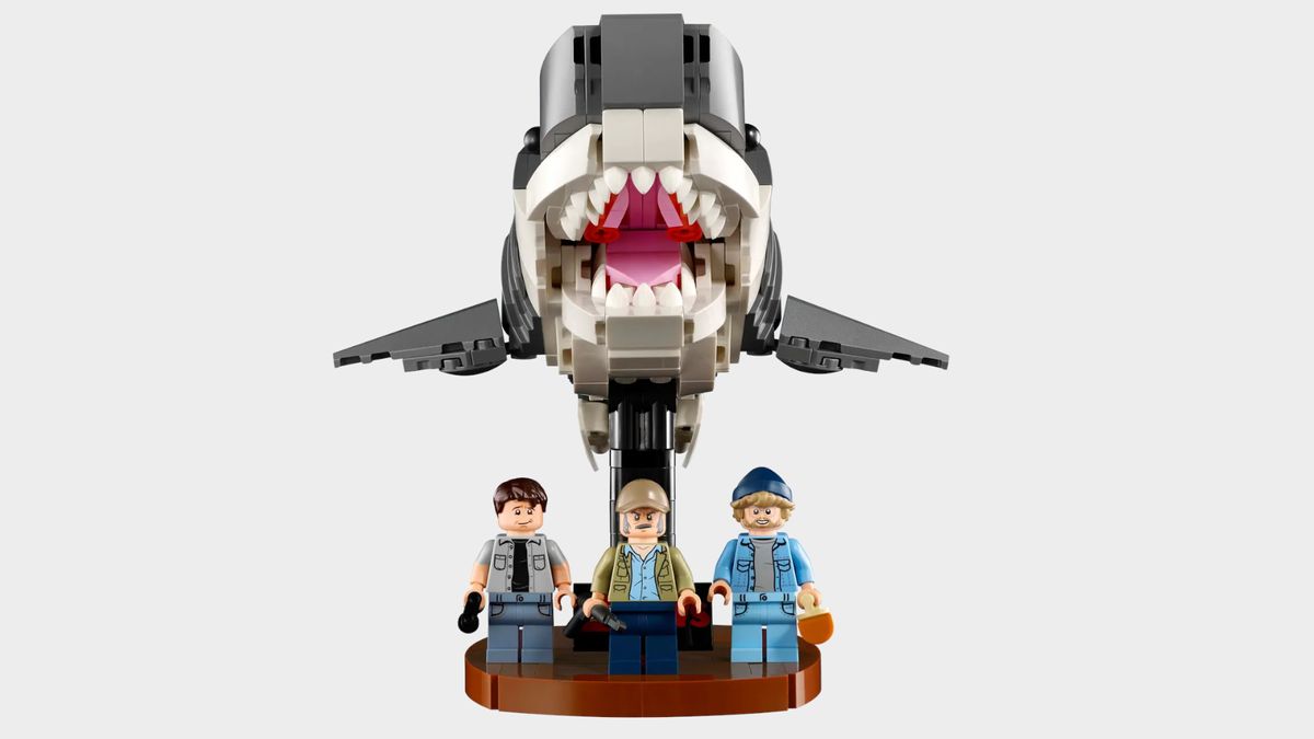 Lego Jaws and minifigures on a plain background