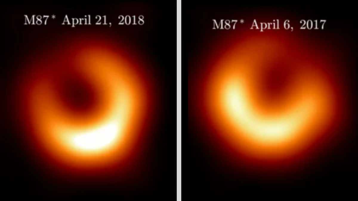 Side by side comparison of the supermassive black hole M87* as seen in April 2018 and a year earlier in April 2017