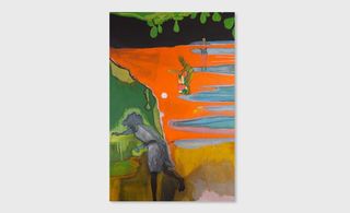 Abstract cricket painting in shades of orange, green, blue and black depicting the bowler, batter and backstop