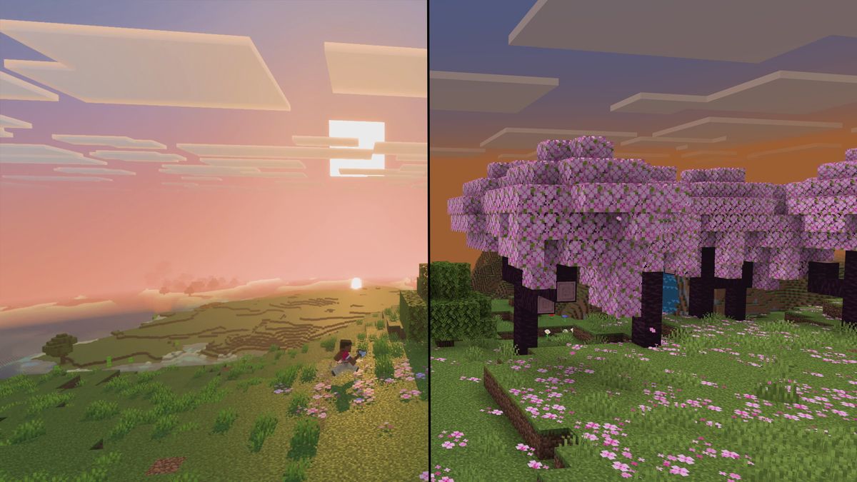 Side-by-side comparison of Minecraft&#039;s &quot;Vibrant Visuals&quot; upgrade toggled on and off.