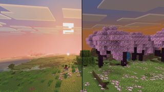 Side-by-side comparison of Minecraft's "Vibrant Visuals" upgrade toggled on and off.