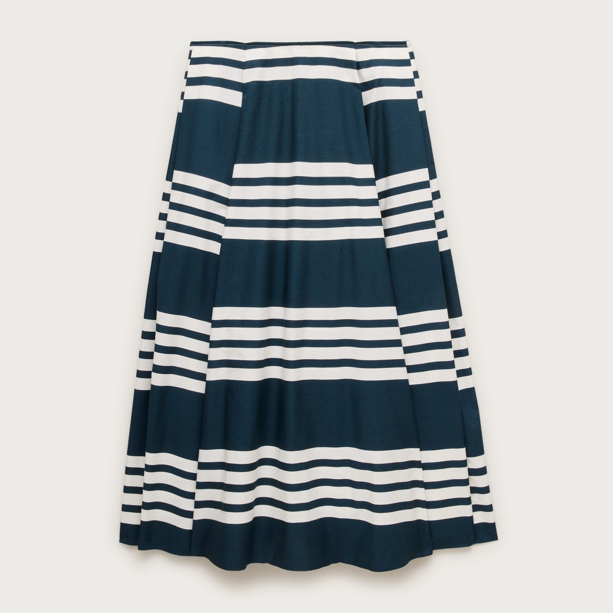 Side-Pleat Midi Skirt in Sailor-Stripe Cotton Poplin