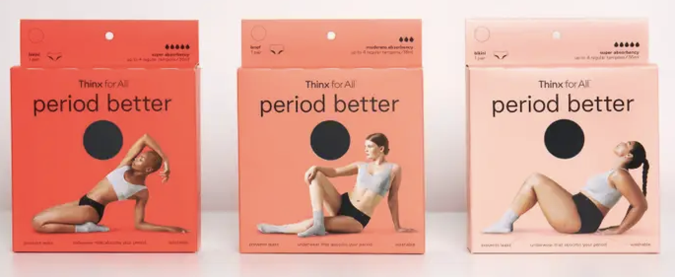 Three coral-toned packaging boxes for Thinx for All period underwear feature different product styles and models in active poses.