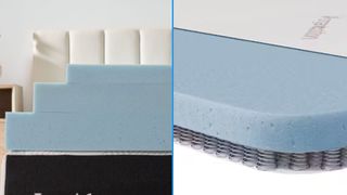 A split screen of the Lucid Gel Memory Foam Topper vs the Saatva Micro-coil Mattress Topper
