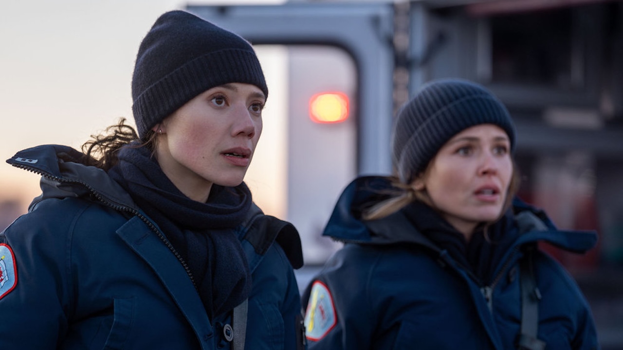 Violet and Novak. looking scared and cold in One Chicago 2026 crossover