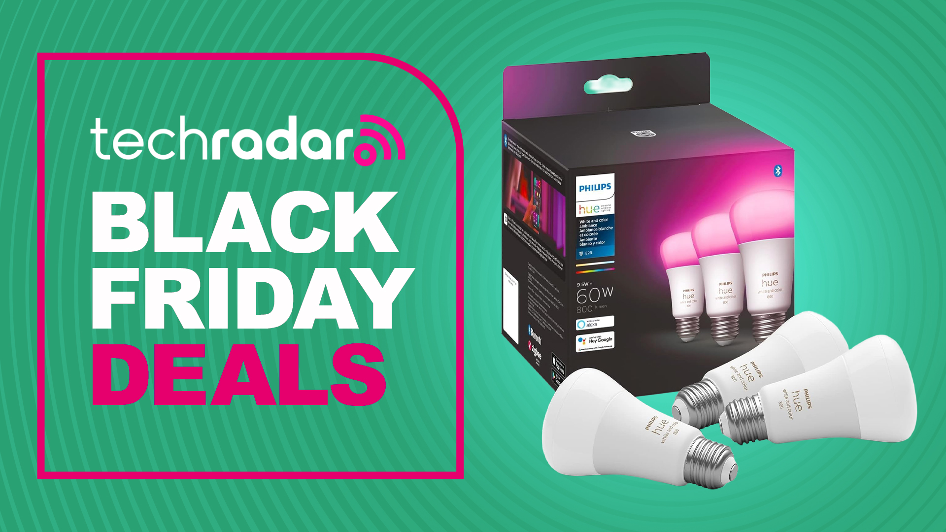 Philips Hue light bulbs on green background with text reading &#039;TechRadar Black Friday deals&#039;