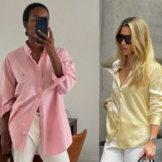 Influencers wearing colorful button-downs with white jeans and pants