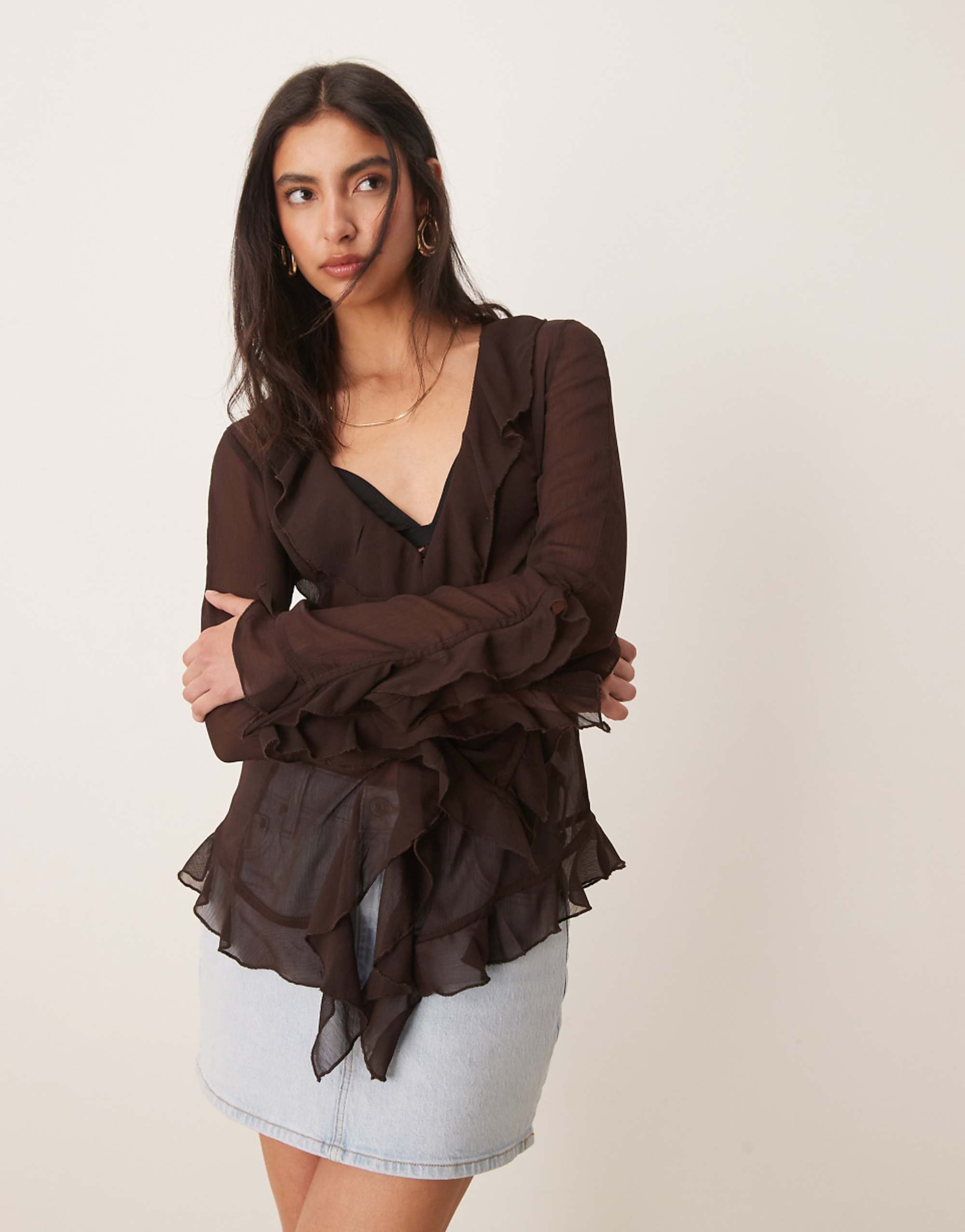 Glamorous Sheer Frill Detail Blouse in Brown