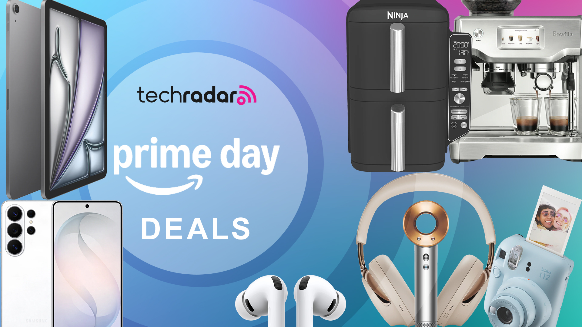 An iPad, a Samsung phone, AirPods, Bose headphones, an instant camera, coffee machine and air fryer on a blue and pink background with the TechRadar Prime Day deals badge