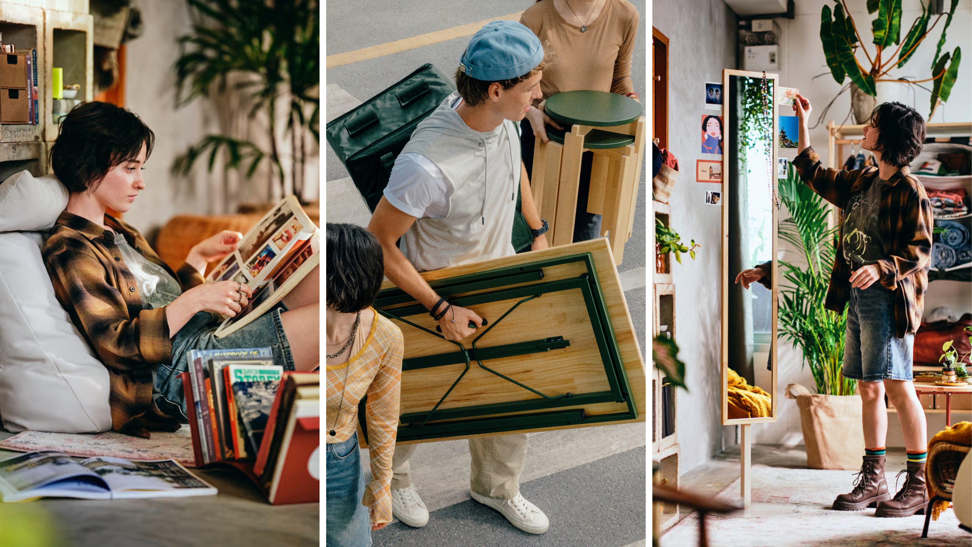 three images of people interacting with IKEA's KOMPISH&Auml;NG collection