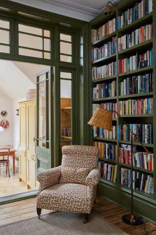 A cozy reading corner with floor lamp