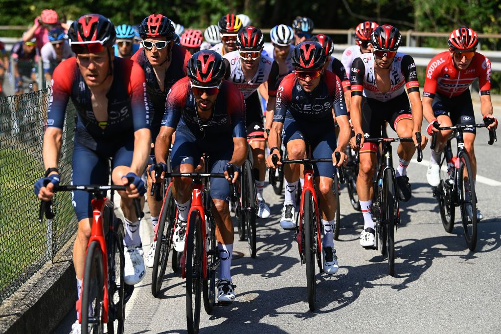 NOVAZZANO SWITZERLAND JUNE 16 LR Geraint Thomas of The United Kingdom Daniel Felipe Martinez Poveda of Colombia and Thomas Pidcock of United Kingdom and Team INEOS Grenadiers compete during the 85th Tour de Suisse 2022 Stage 5 a 1901km stage from Ambri to Novazzano 364m ourdesuisse2022 WorldTour on June 16 2022 in Novazzano Switzerland Photo by Tim de WaeleGetty Images