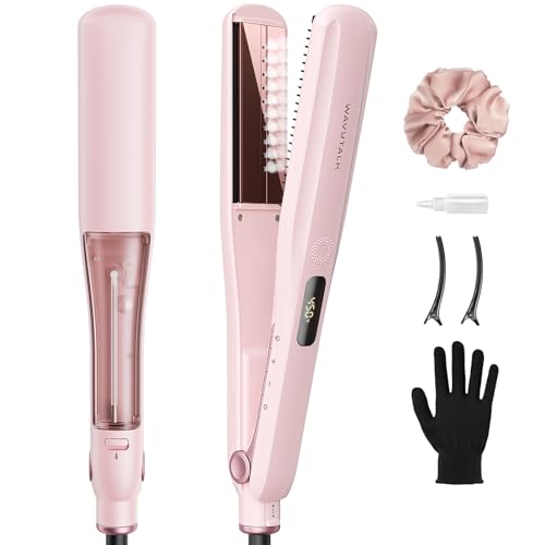 Wavytalk Steam Hair Straightener, Steam Sesh, Steam Reduces Damage, Nourishes Hair &amp;amp; Expedites Straightening, 1.38'' Nano Titanium Flat Iron With Detachable Comb for Silk Press Smoothing, Sakura Pink