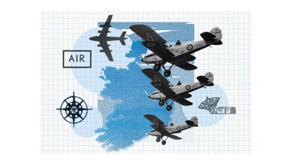 Photo collage of WWII era British planes flying over cut-out of the shape of Ireland.