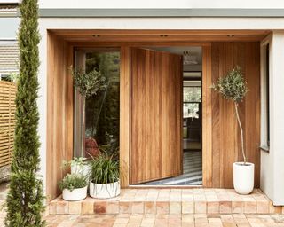 Warming wooden entrance on modern home