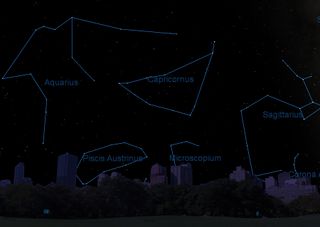 This image shows the star lines that make up Capricornus in the night sky as they relate to other constellations.