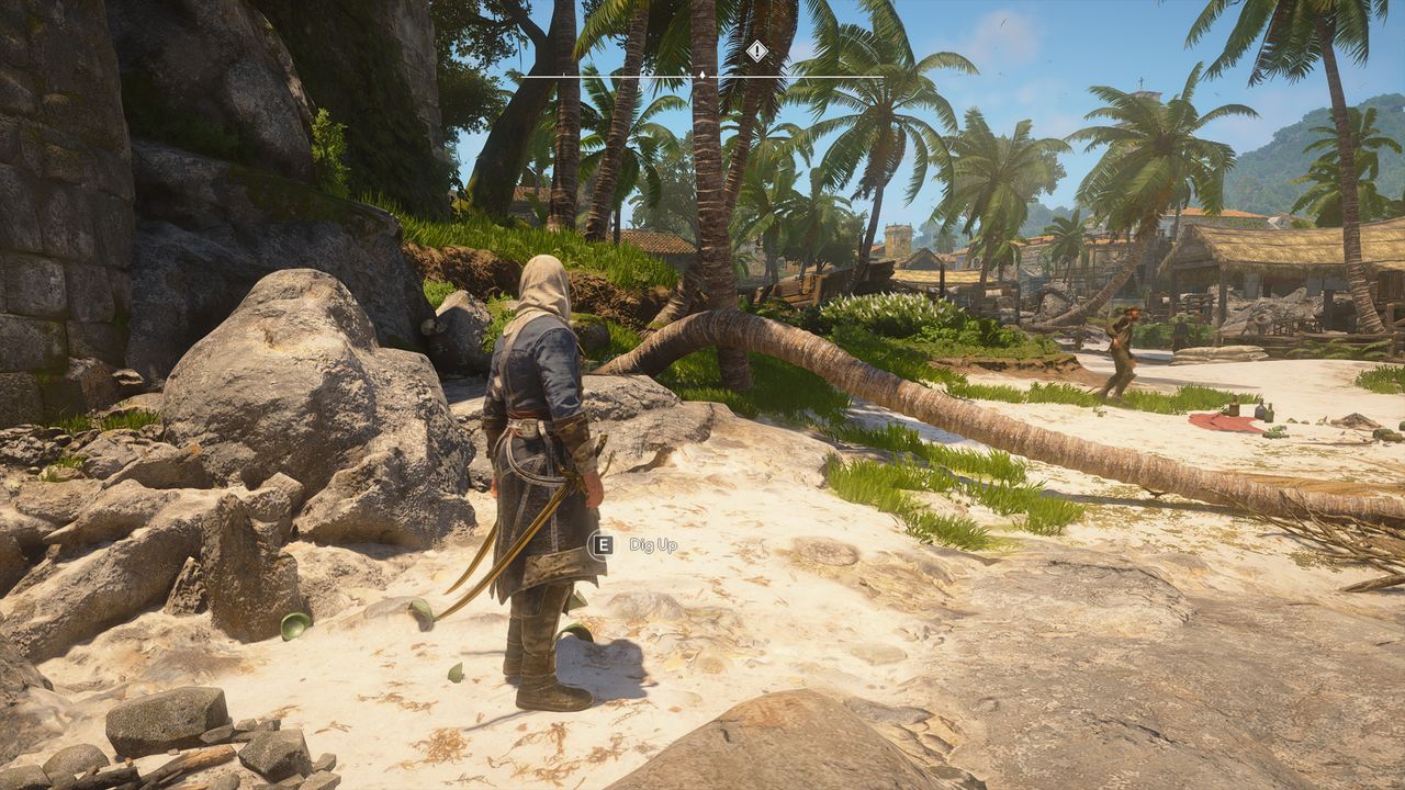 Black Flag treasure maps: Edward next to a fallen palm tree on the beach of Havana.