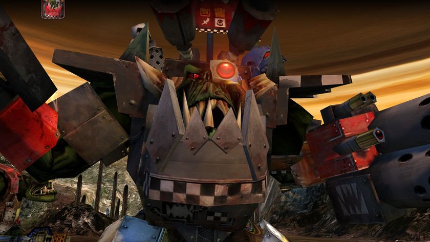 An ork warlord with a metal jaw delivers a speech