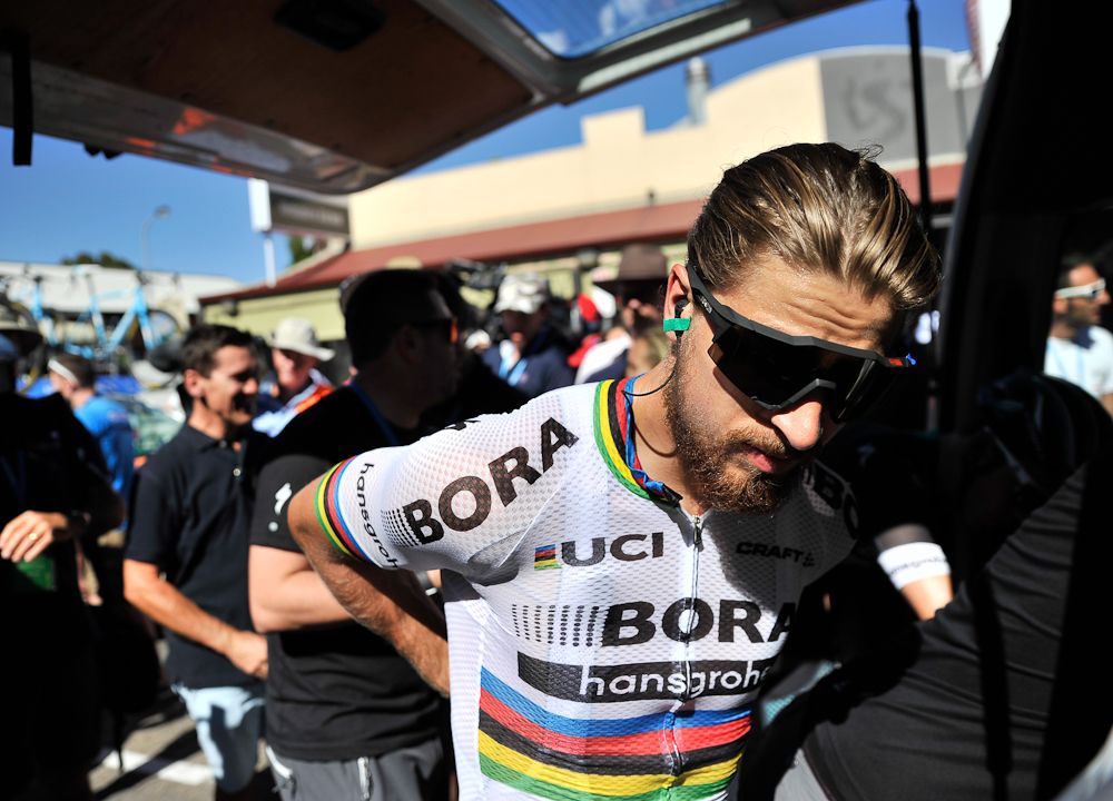 Peter Sagan prepares for the first stage of the Tour Down Under cycling race from Adelaide to Tanunda