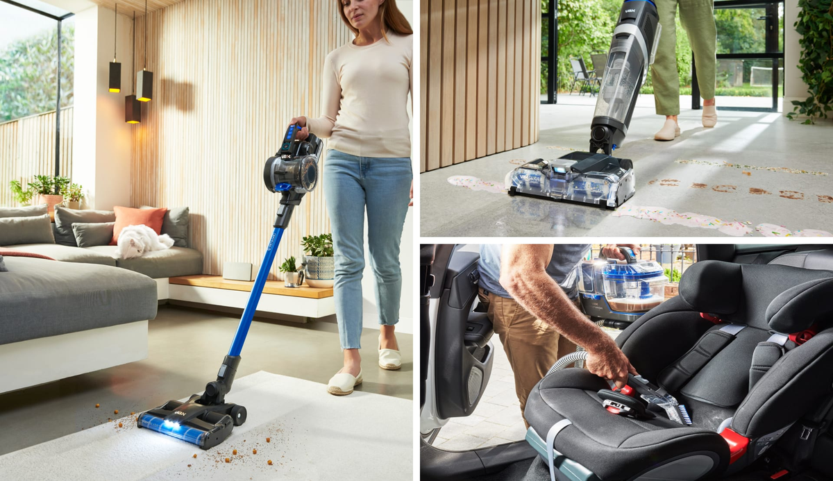 Images of people using VAX vacuums to clean floor and a baby seat in a car.