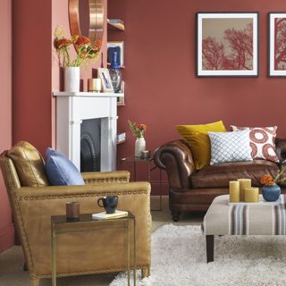 Red living room with leather sofas