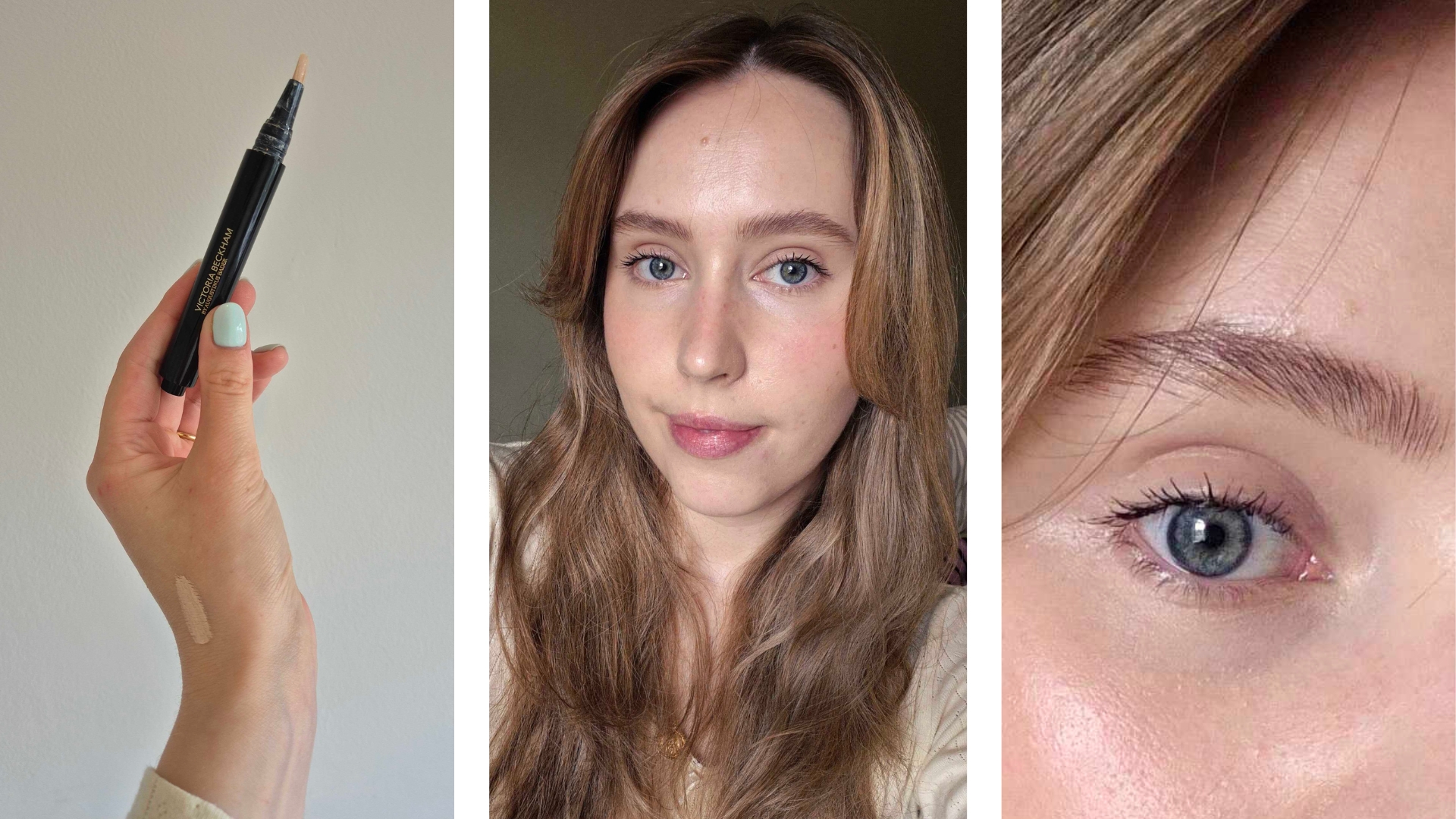 On the left, is a close-up of Digital Beauty Writer, Naomi Jamieson holding the The Victoria Beckham Beauty Concealer Pen with TFC8® in her hand, with a swatch of the product also visible on the back of her hand. In the middle, is a picture of Naomi wearing makeup and the concealer on her face and on the right, is a close-up of Naomi's eye, to show the coverage and finish of the concealer applied to her under-eye area.