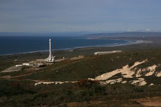 At Space Launch Complex 4 at Vandenberg Air Force Base in California, a SpaceX Falcon 9 rocket stands ready to boost the Jason-3 spacecraft into orbit for NOAA, the National Oceanic and Atmospheric Administration, and EUMETSAT, the European Organization f