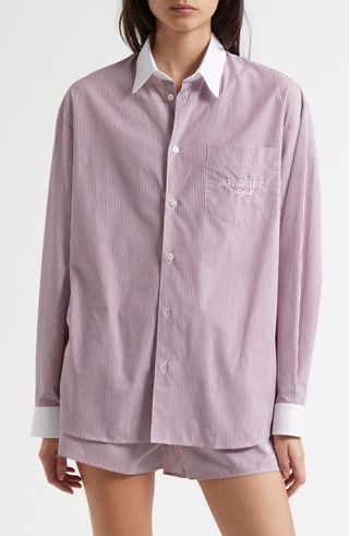 Sport Stripe Oversize Cotton Button-Up Shirt