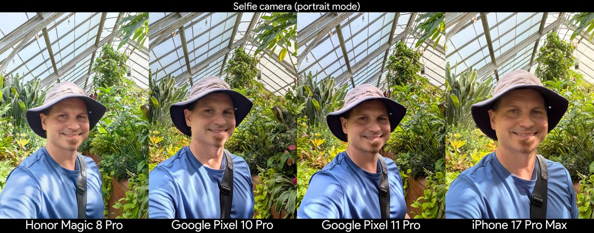 Comparing selfie quality between the Google Pixel 11 Pro, Pixel 10 Pro, iPhone 17 Pro Max, and Honor Magic 8 Pro