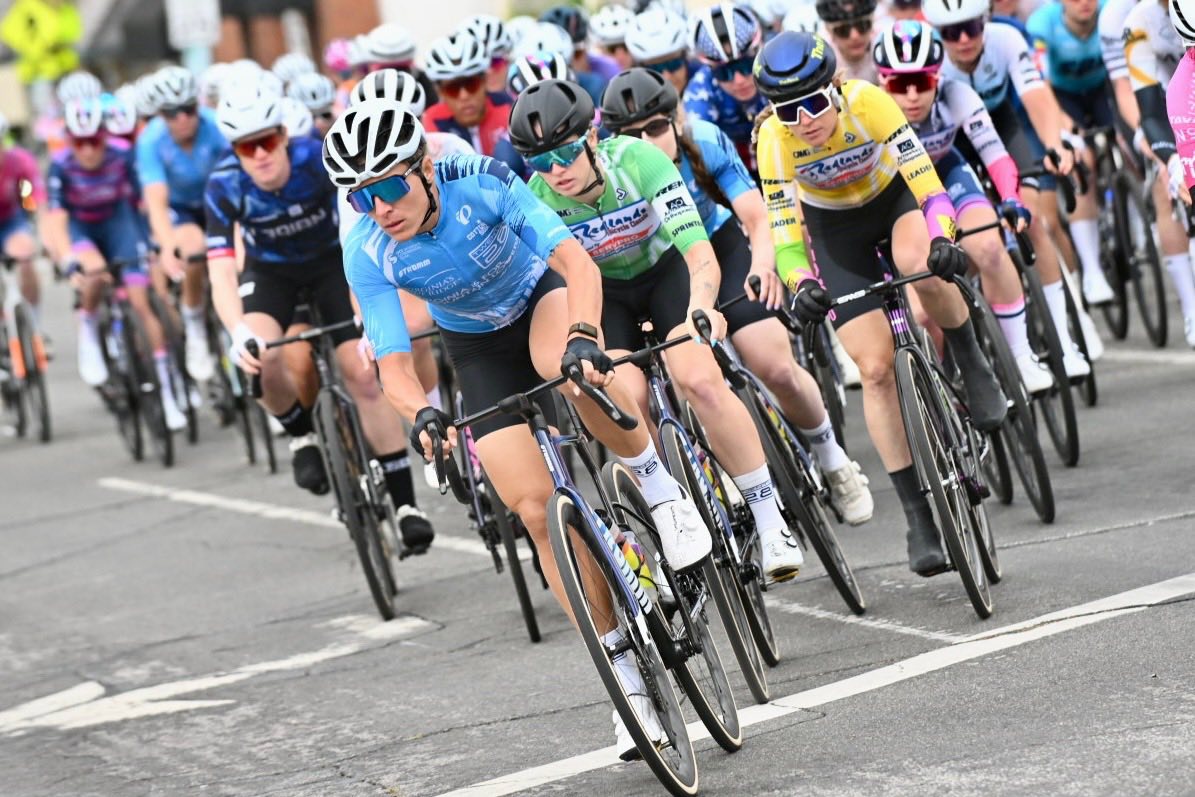 Lauren Stephens (Aegis x Leaders of Enchantment), in the yellow leader's jersey, competes on stage 5's Sunset Road Race at Redlands Bicycle Classic