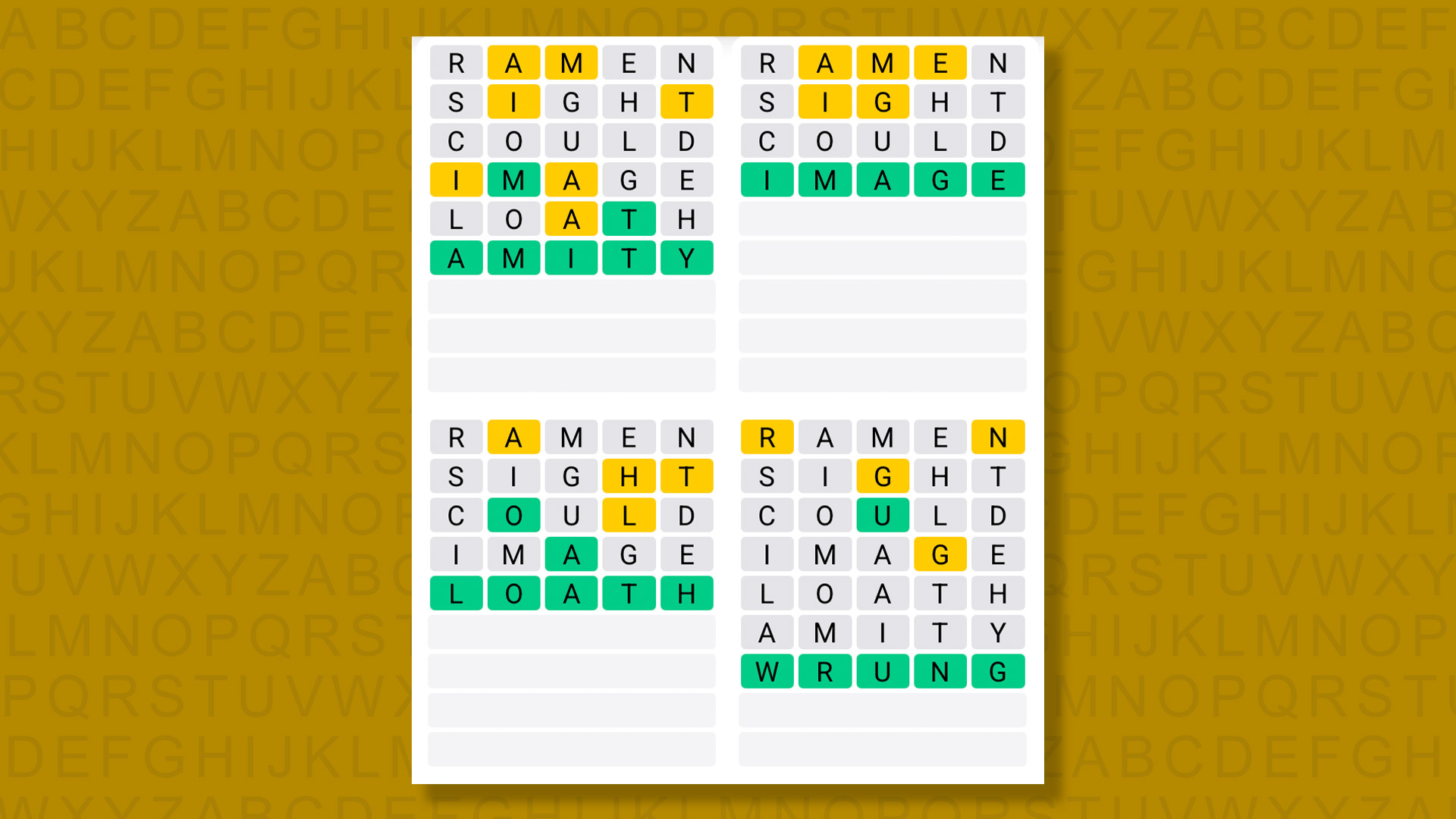 Quordle answers for game 1443 on a yellow background