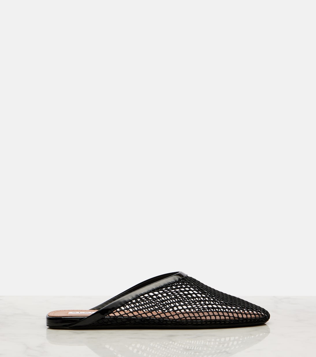 Patent Leather-Trimmed Fishnet Mules in Black - Alaia