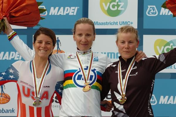 Evie Stevens, Judith Arndt and Linda Villumsen made up the women's time trial podium