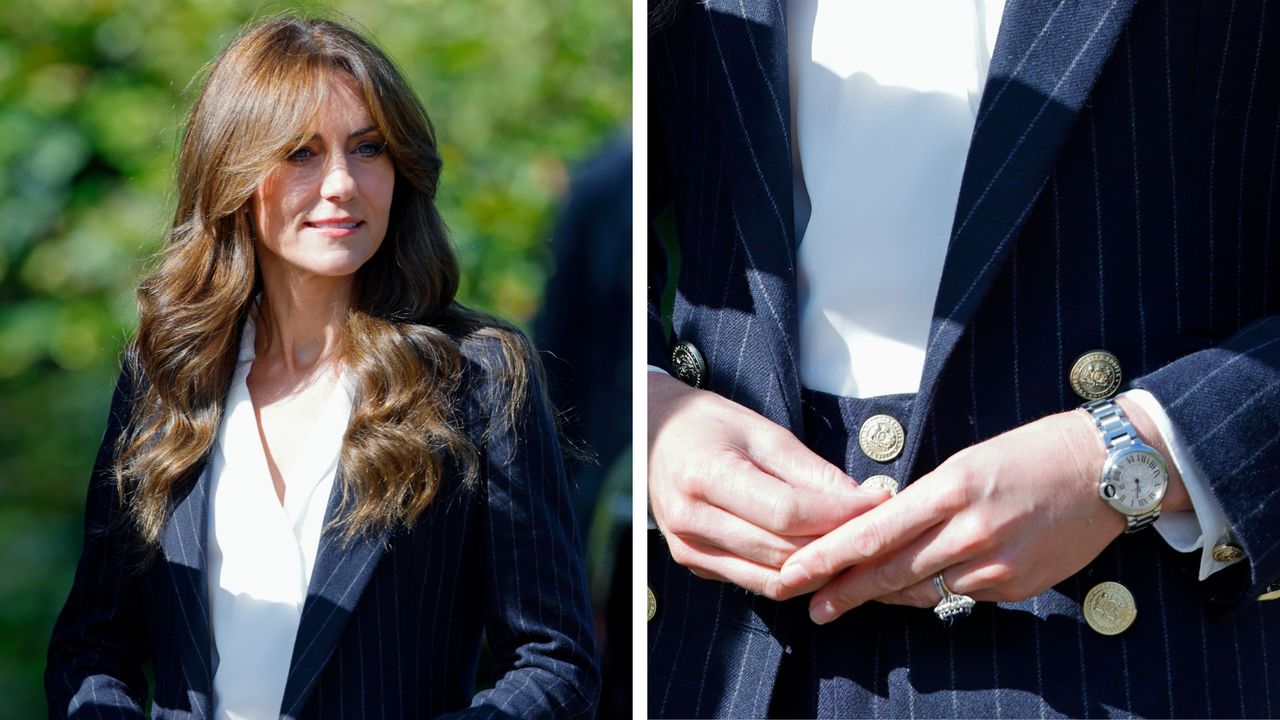 Kate Middleton&#039;s Cartier watch: Kate is pictured wearing a blue striped pantsuit and a silver watch, alongside a close up of her watch